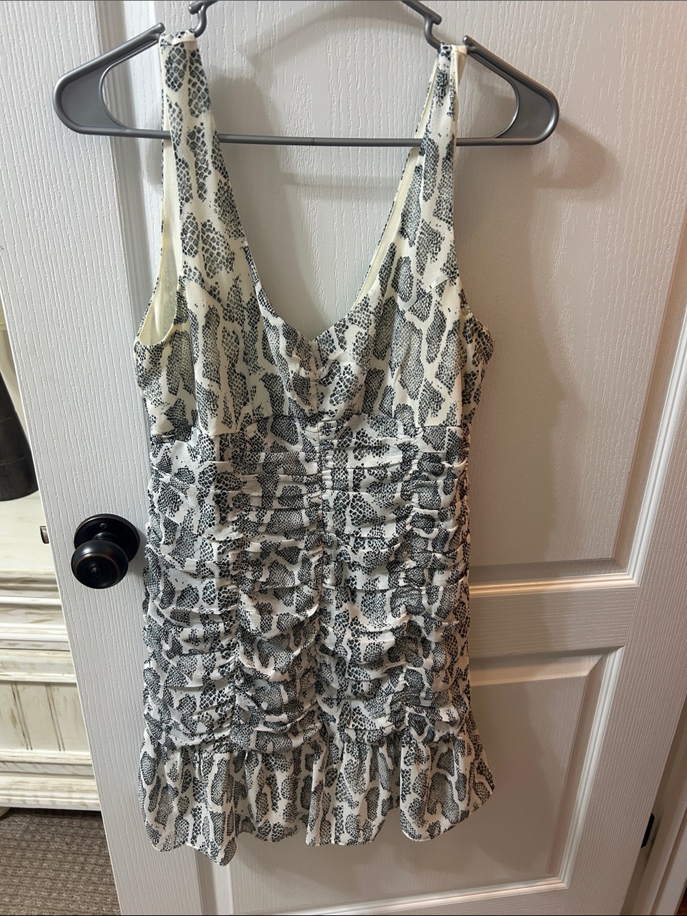 She + Sky Black and Cream Ruched Animal-Print Mini Dress